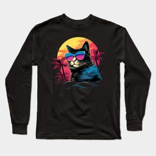 Retro Wave Japanese Bobtail Cat Shirt Long Sleeve T-Shirt